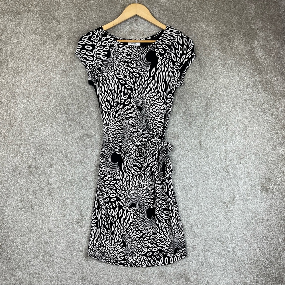 Wallis Dress Womens 10 Petite Black White Side Tie Stretch Knee Length- 2789*